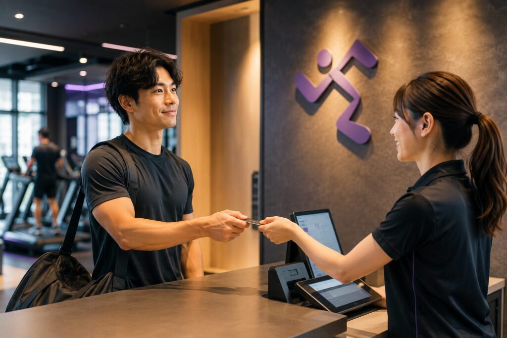 ジムの受付カウンターで、スタッフからカードを受け取る男性