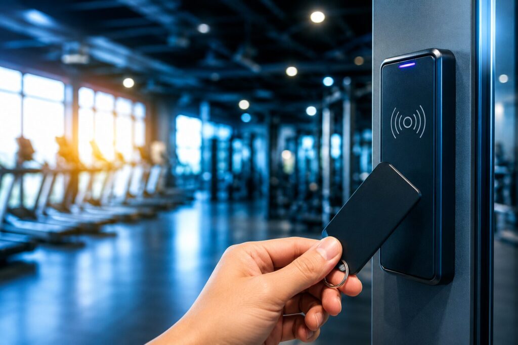 入口のカードリーダーに、キーをかざす手