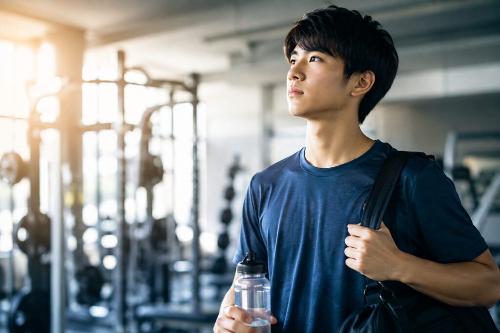 バッグを肩にかけ、水筒を持ってジムに立つ若い男性