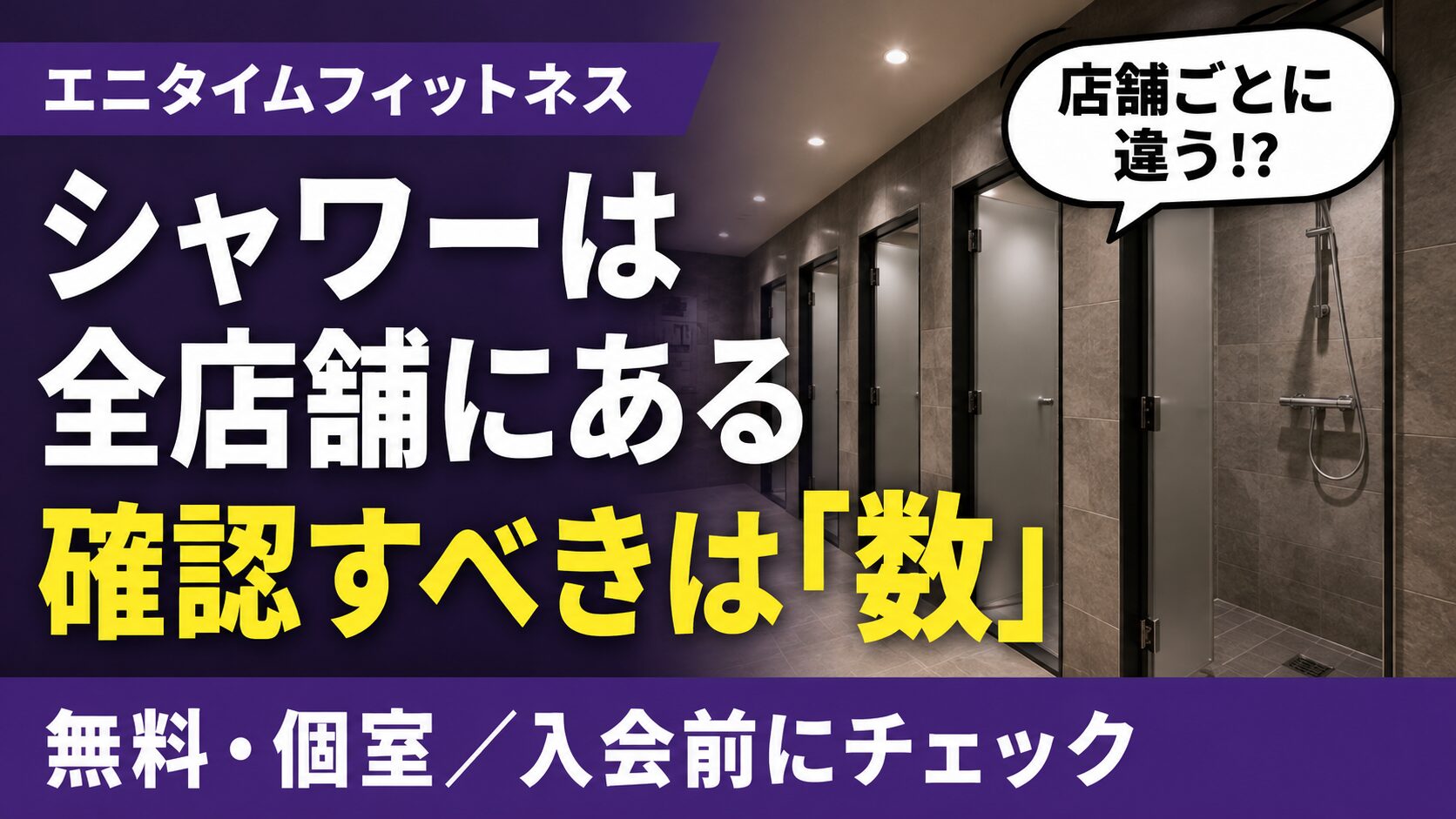 エニタイムフィットネスのシャワーを解説する記事のアイキャッチ画像。個室シャワーが並ぶ様子