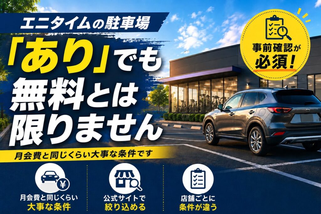 「エニタイムの駐車場｜「あり」でも無料とは限りません」の記事アイキャッチ画像。ジムの前の駐車スペースに停まった車