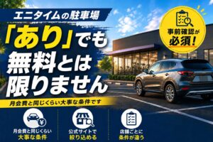 「エニタイムの駐車場｜「あり」でも無料とは限りません」の記事アイキャッチ画像。ジムの前の駐車スペースに停まった車