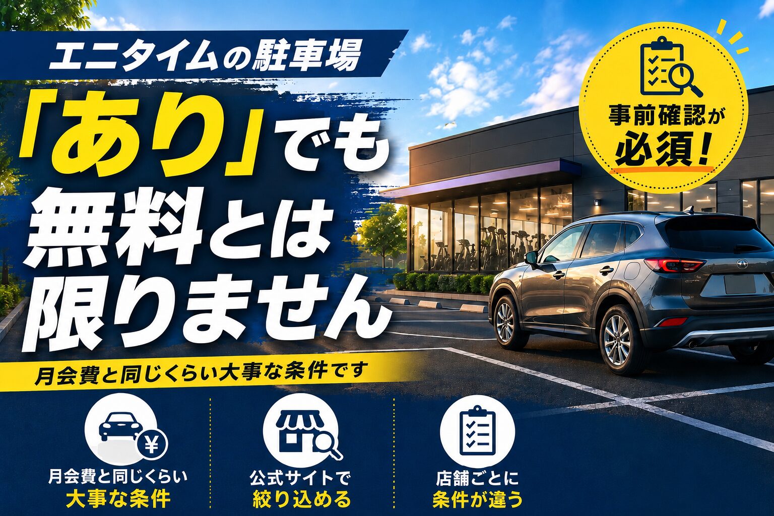 「エニタイムの駐車場｜「あり」でも無料とは限りません」の記事アイキャッチ画像。ジムの前の駐車スペースに停まった車
