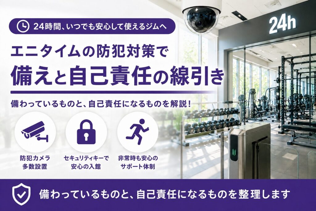 「エニタイムの防犯｜備わっているものと、自己責任になるもの」の記事アイキャッチ画像。天井の防犯カメラと入退館ゲート