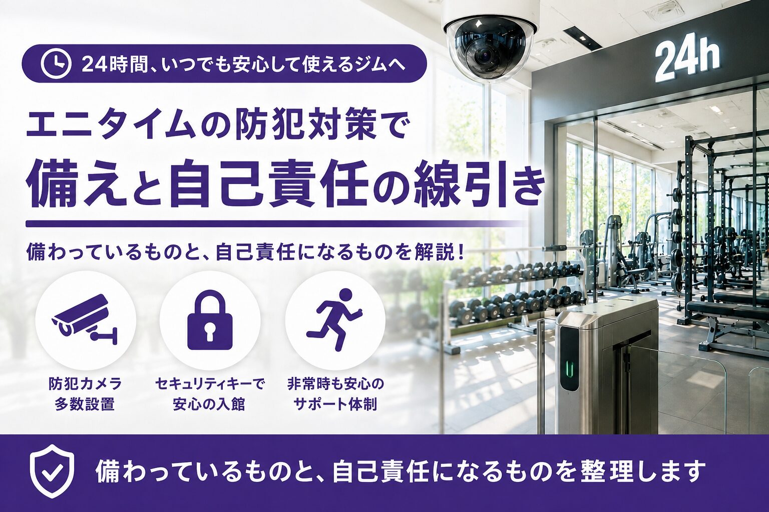 「エニタイムの防犯｜備わっているものと、自己責任になるもの」の記事アイキャッチ画像。天井の防犯カメラと入退館ゲート