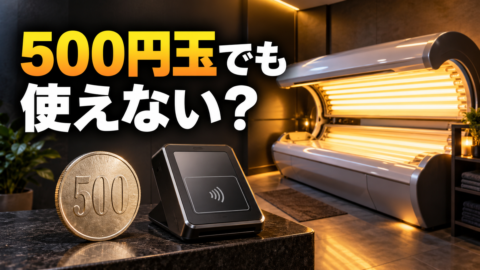 「500円玉でも使えない?」と書かれ、500円玉とキャッシュレス決済端末、奥にタンニングマシンが写った画像