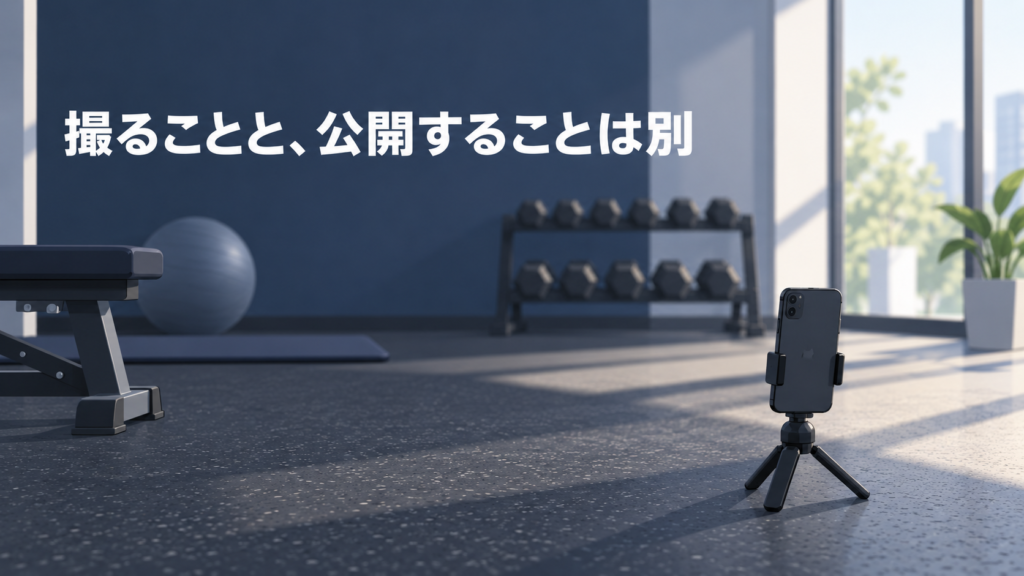 「撮ることと、公開することは別」と書かれた無人のジムのイラスト