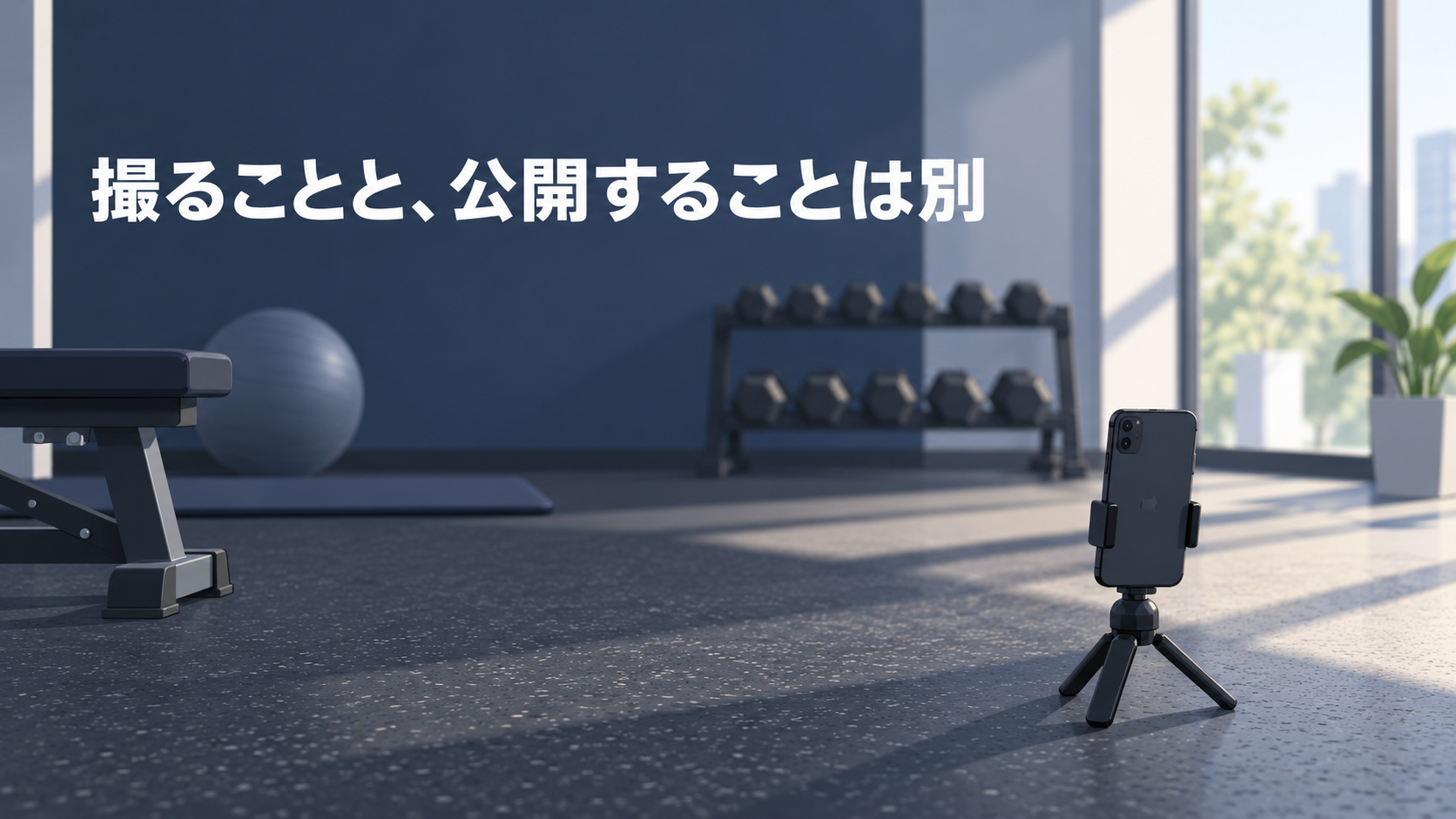 「撮ることと、公開することは別」と書かれた無人のジムのイラスト