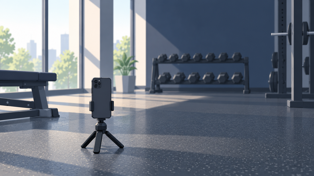 無人のジムの床に置かれた三脚にスマートフォンが立てられているイラスト
