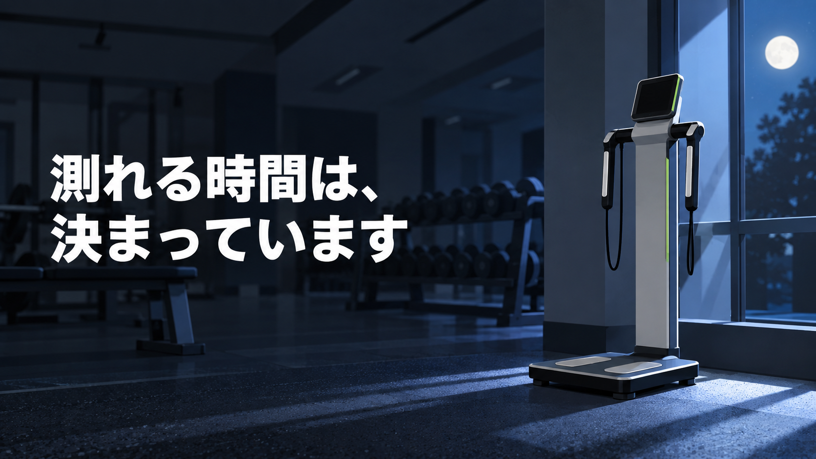 月明かりの差す夜の無人のジムに体組成計が1台置かれ、「測れる時間は、決まっています」と書かれた画像
